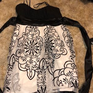 Black and white flowy, floral dress.